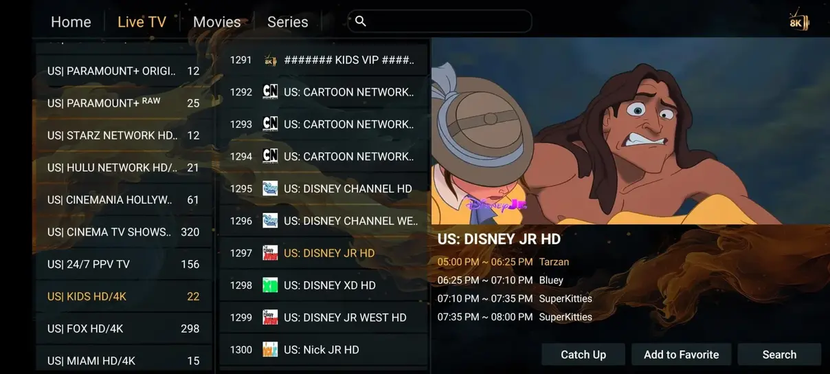 TiviMate gr&auml;nssnitt med kanalguide p&aring; TV