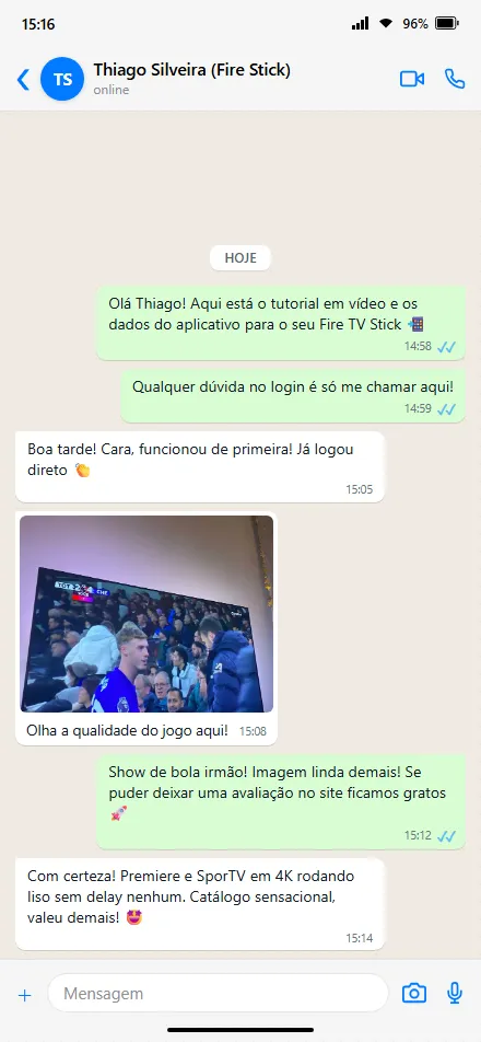 Conversa no WhatsApp com suporte tirando dúvidas rápidas
